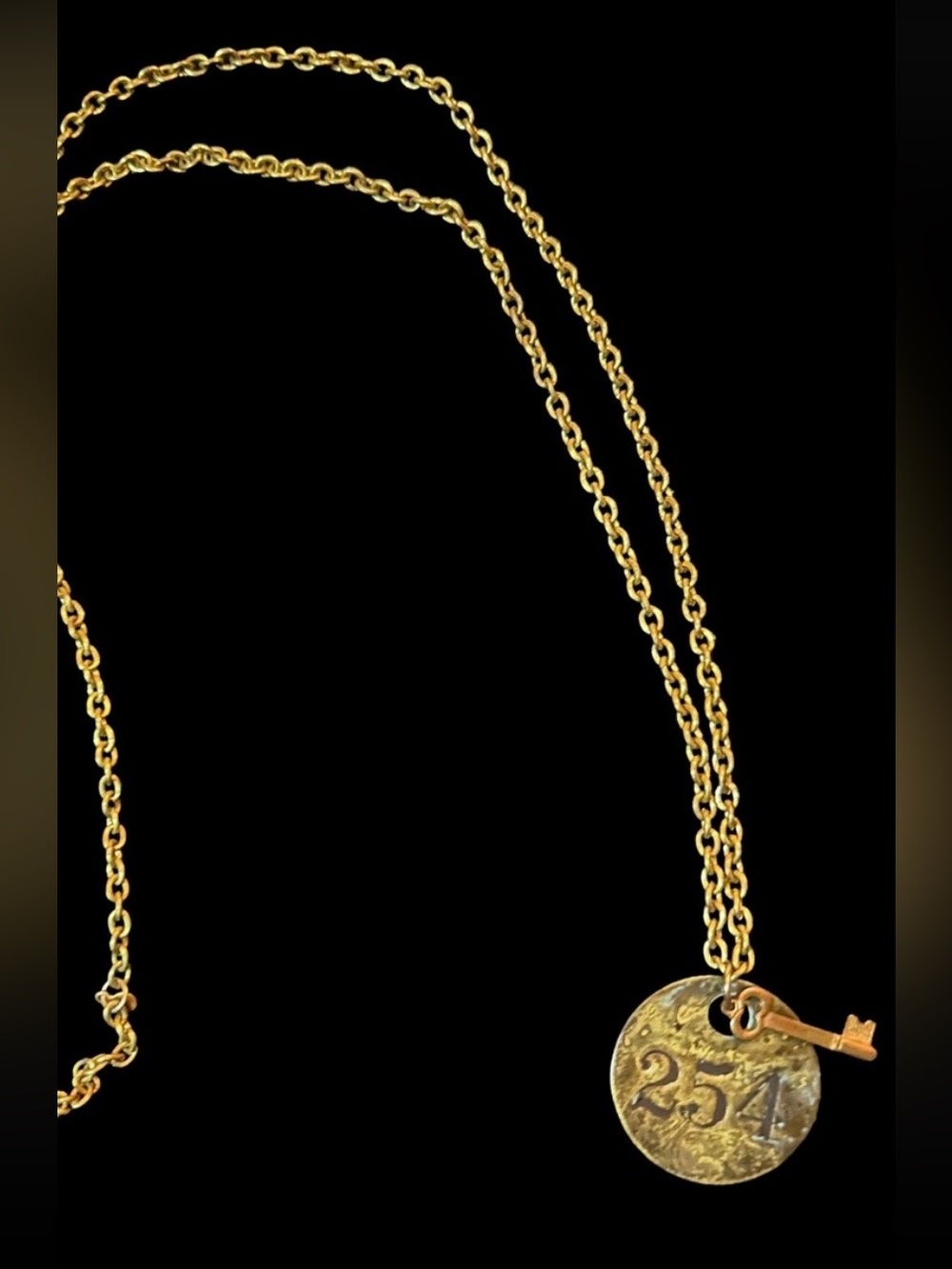 Antique Skeleton Key & Industrial Tag 254 Necklace Long Brass